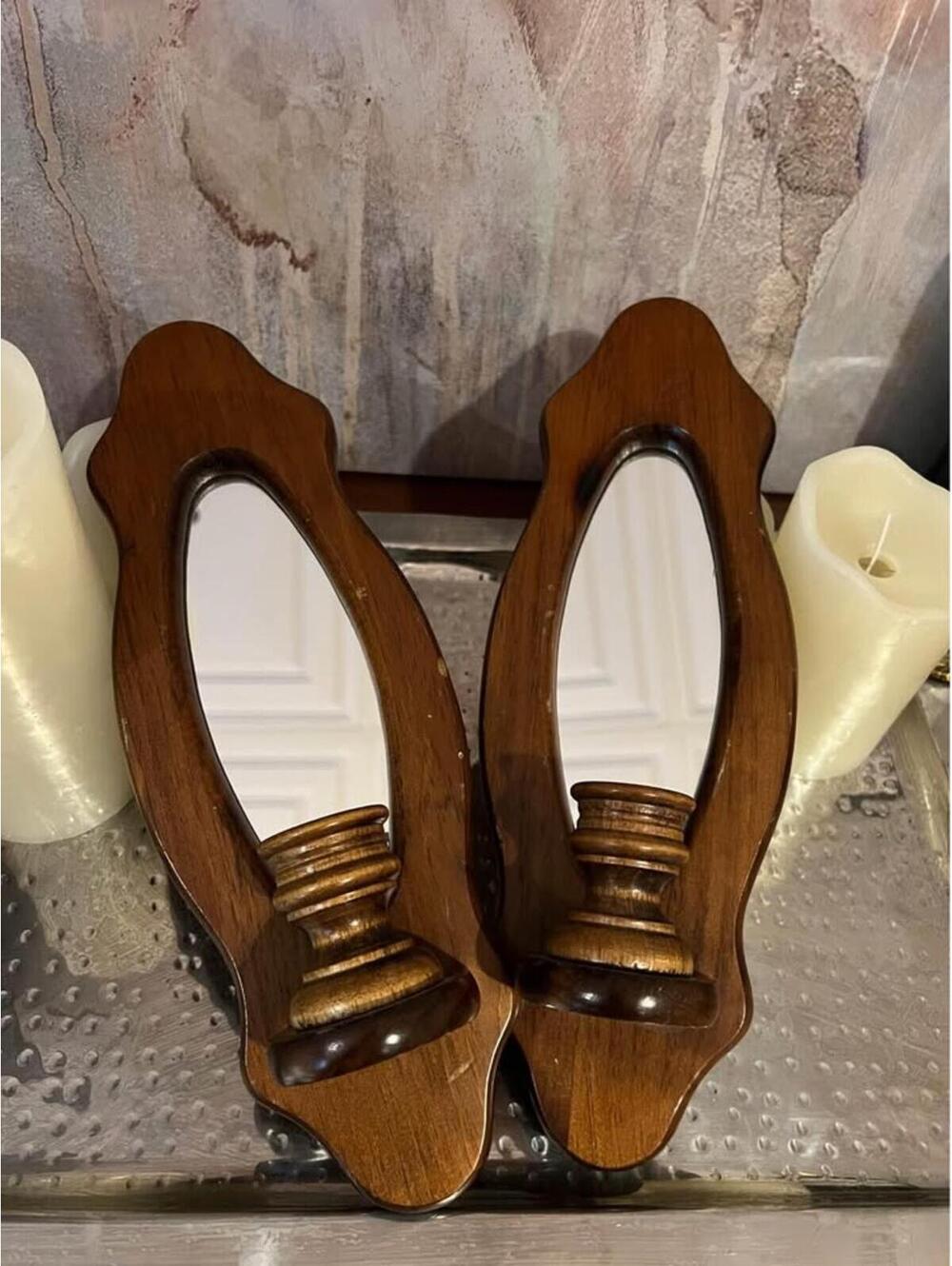Vintage Wood Wall Sconce Pair Mirrored Back Oval Mid Century Candle Holder Set